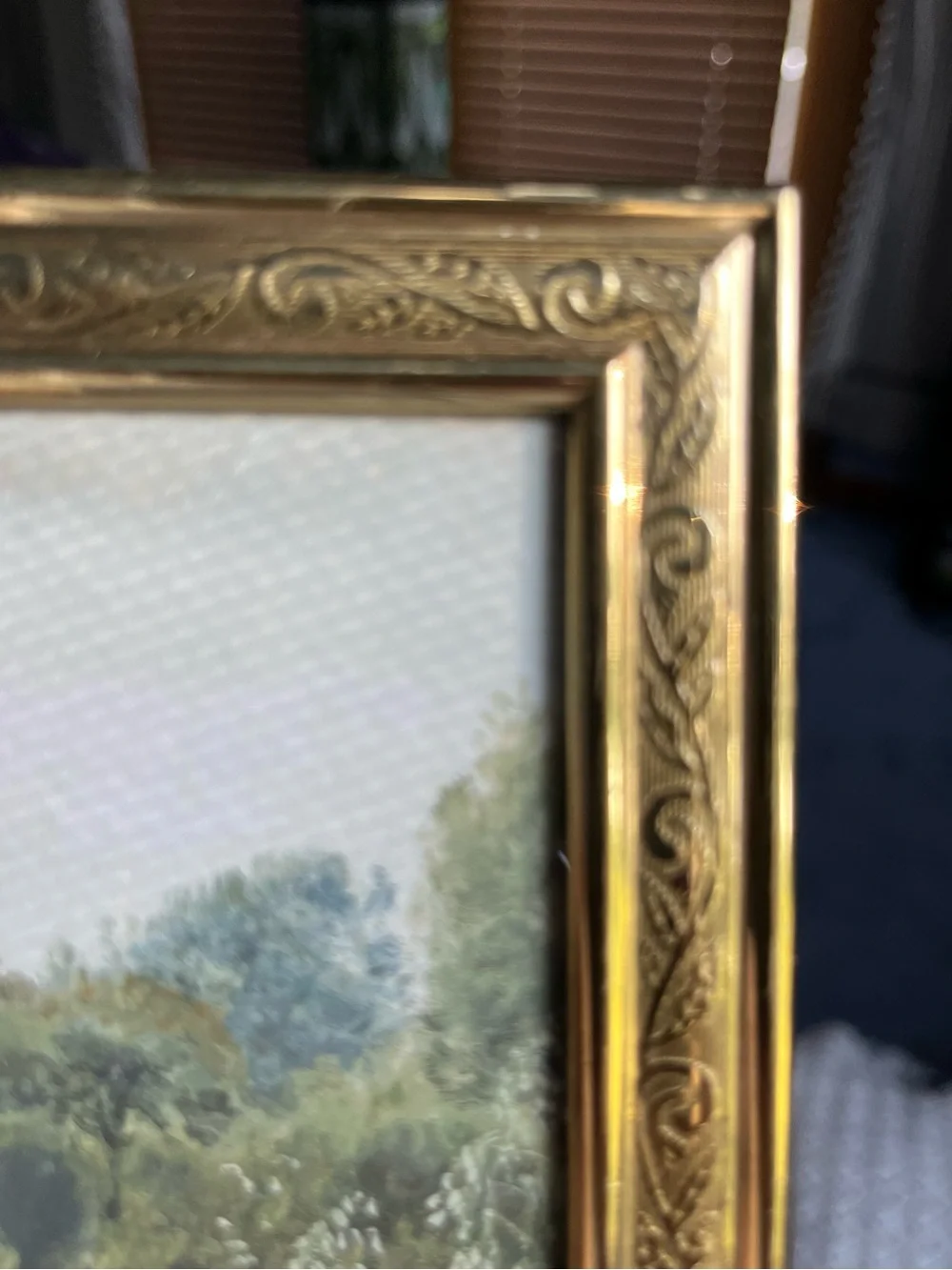 Gold Ornate Table Picture Frame with Green Landscape Art - solid brass